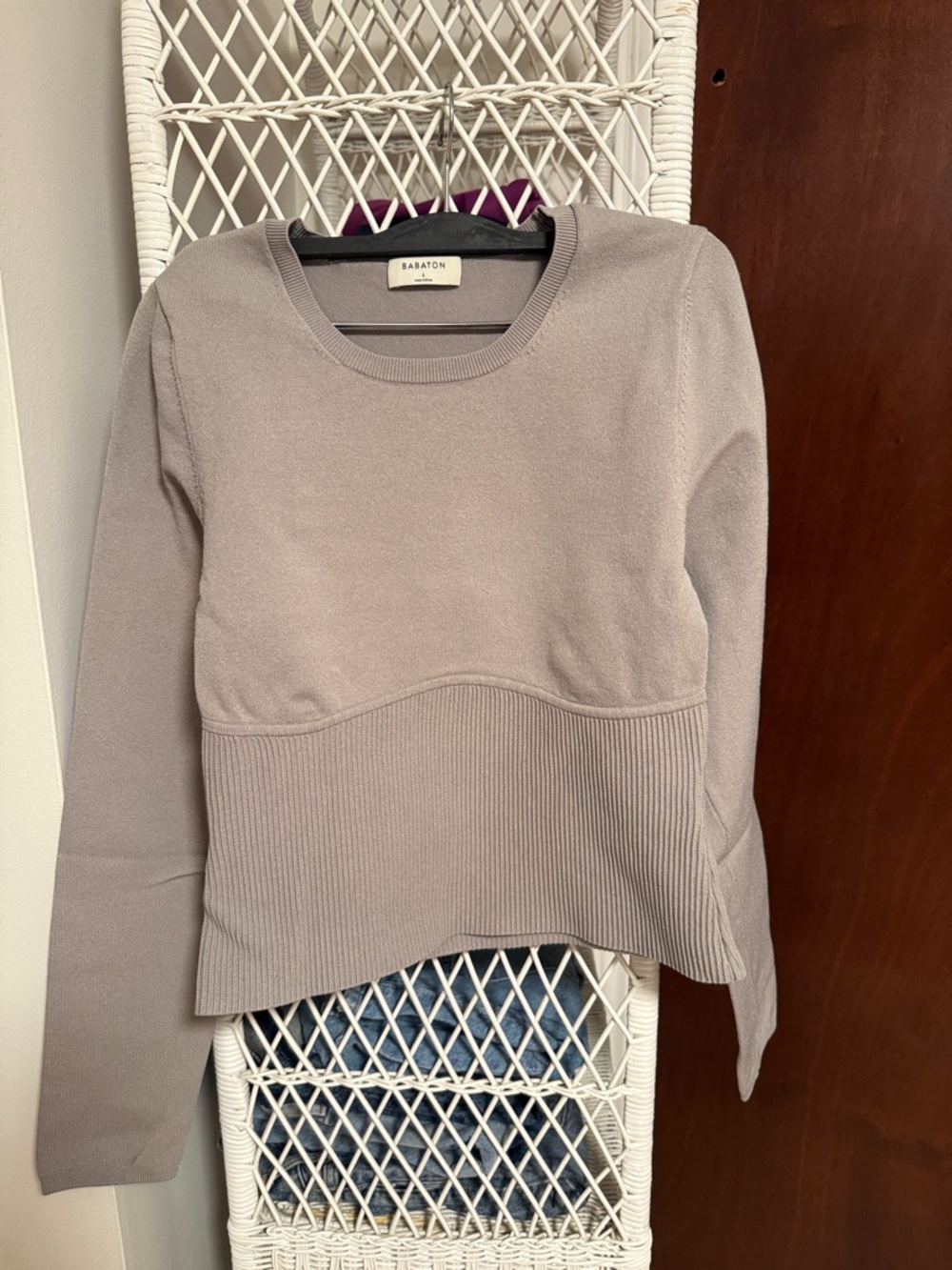 Babaton Gray Ribbed Panel Crewneck Sweater